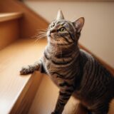 猫が階段を上るのをためらっている