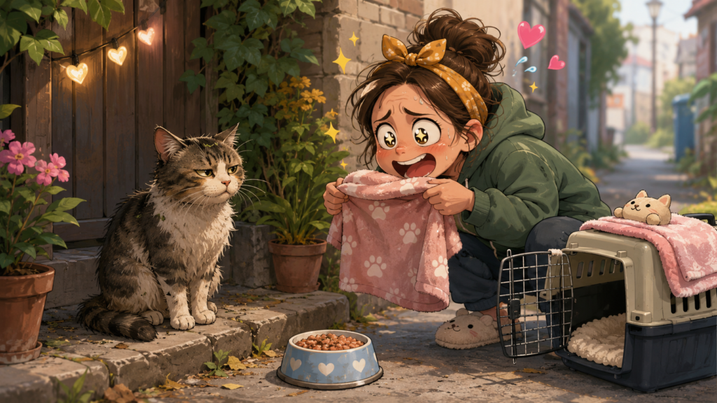 猫を保護しようとしている女性