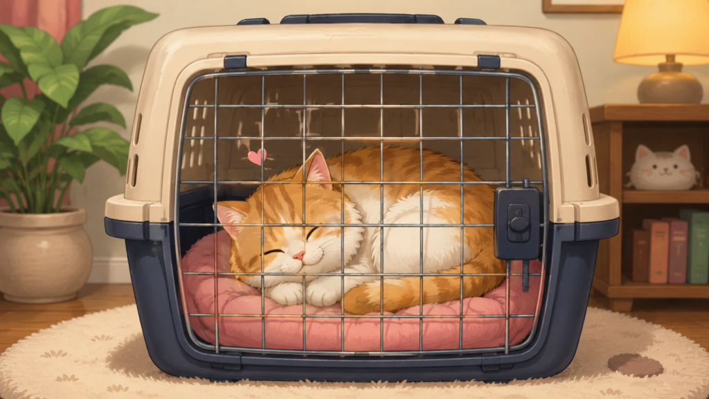 猫がケージの中で安心している
