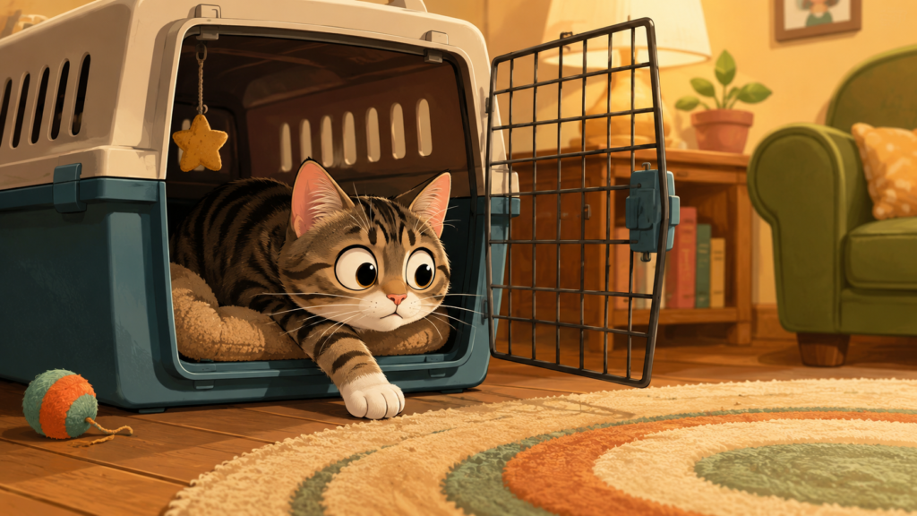 猫が恐る恐るケージから出てきている