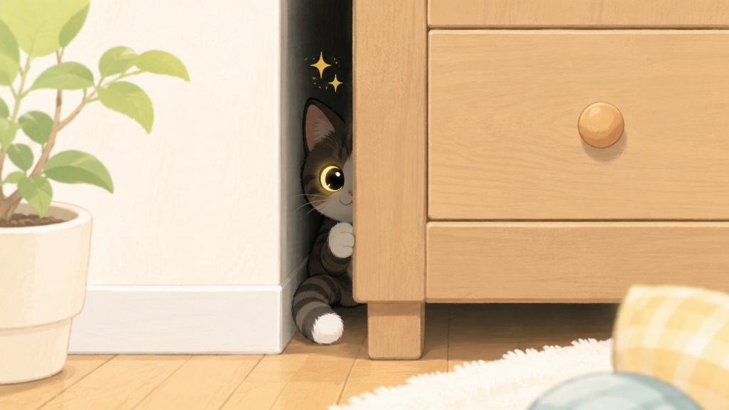 猫が家具の隙間から見ている