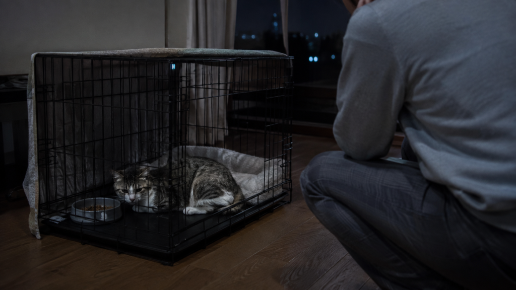 夜、ケージの中で猫がぐったりしている